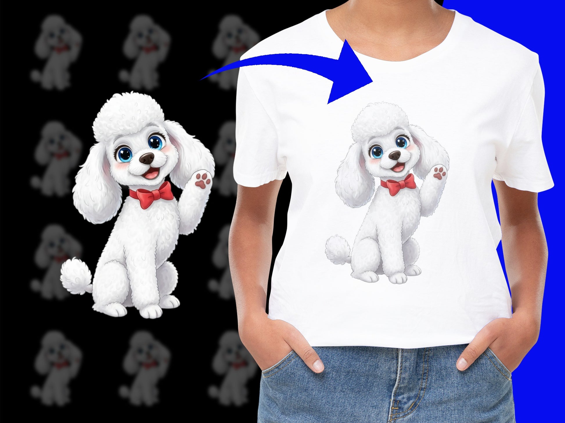 Cute White Poodle Cartoon T-Shirt, Kids Friendly Dog Design, Soft Cotton Tee