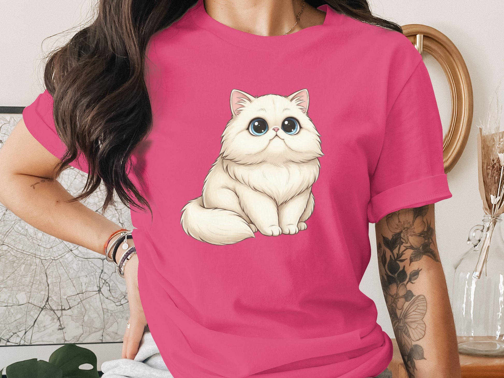 Cute Fluffy Cat Print T-shirt Textile Product