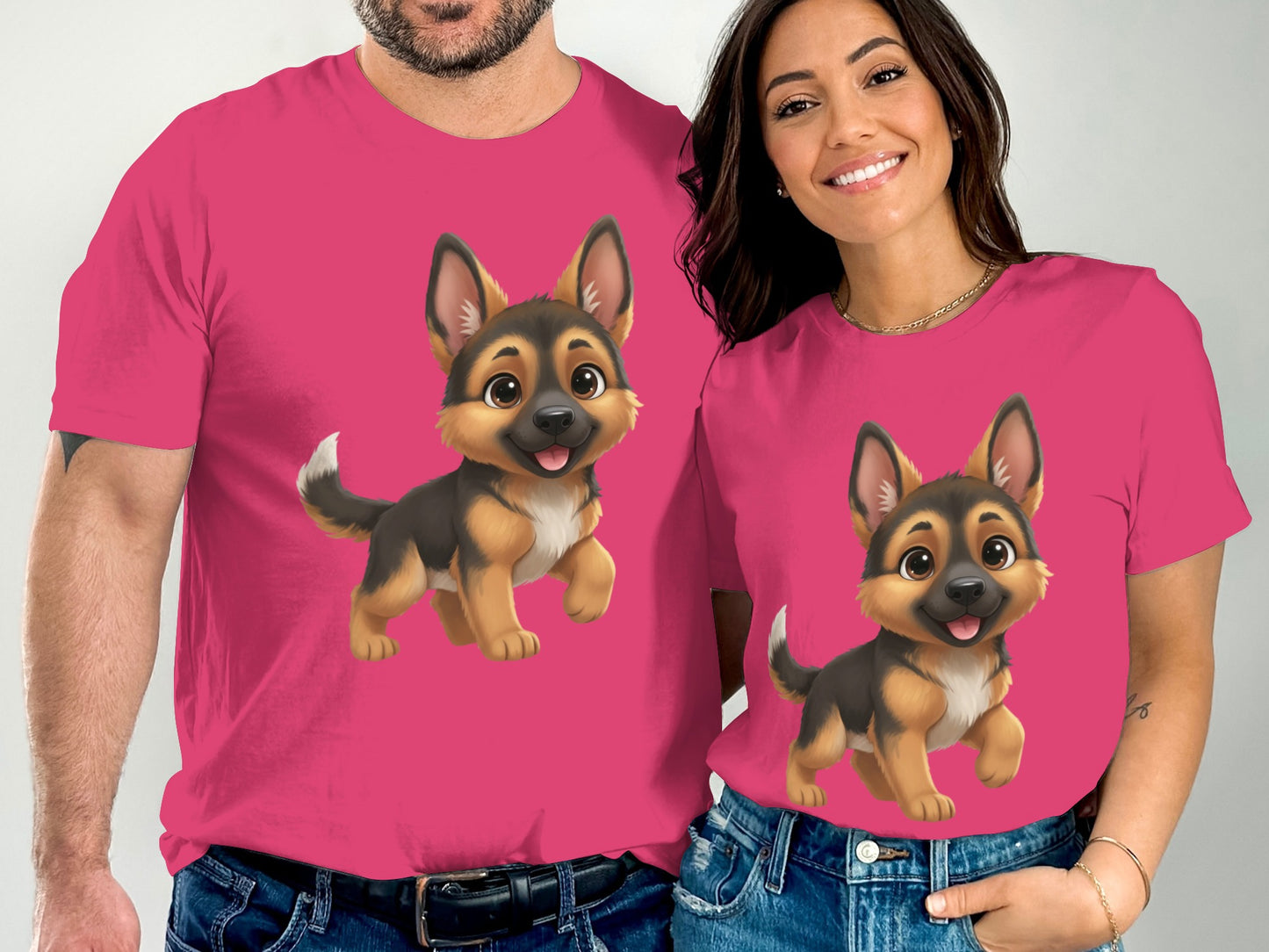 Matching pink shirts with cute puppy design