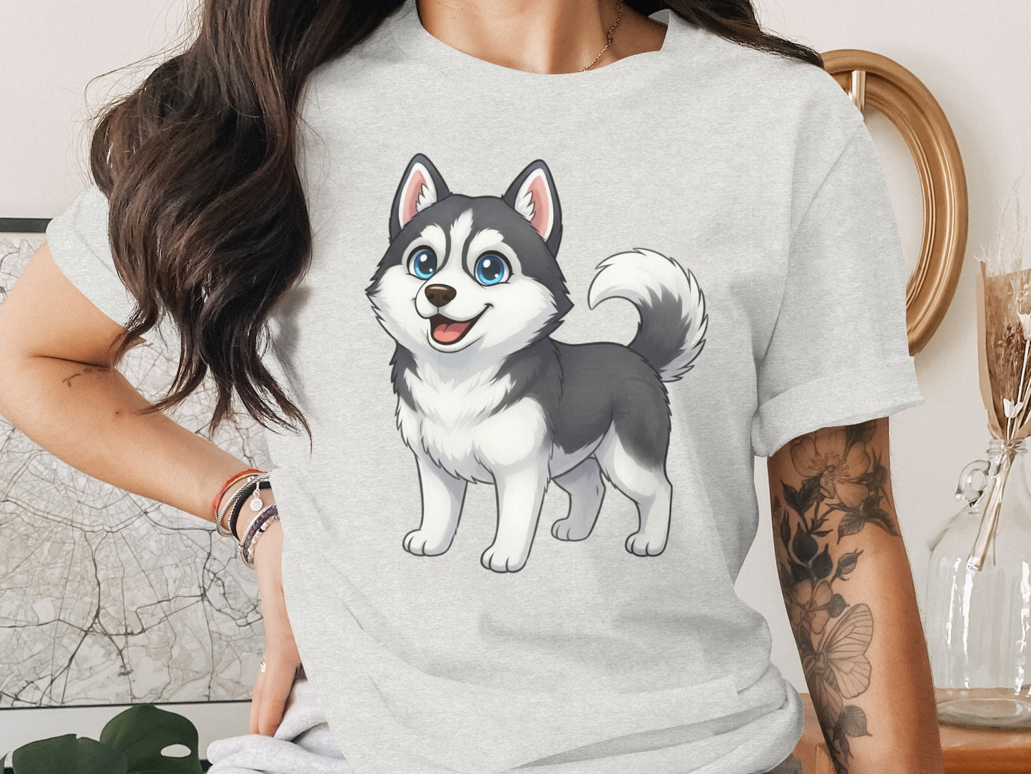 Cute Cartoon Husky Dog Graphic Tee Shirt