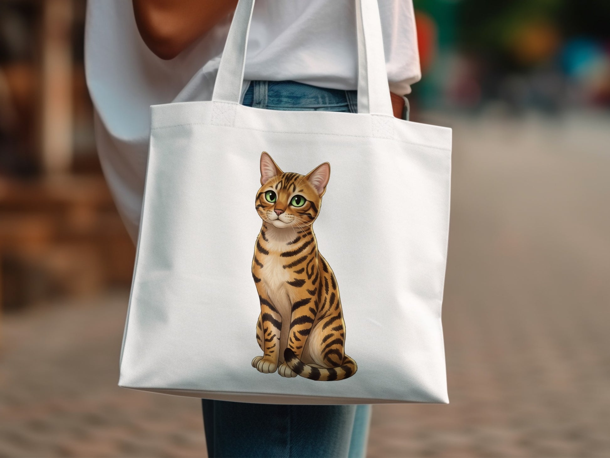 Canvas Tote Bag with Bengal Cat Print, Durable Cotton Shopper, Eco-friendly Reusable Grocery Bag