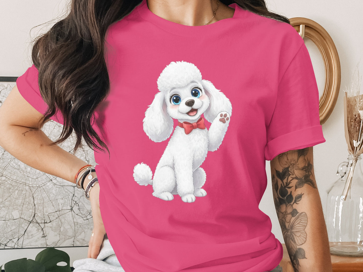 Cute Cartoon Poodle with Bow on Pink T-Shirt Product