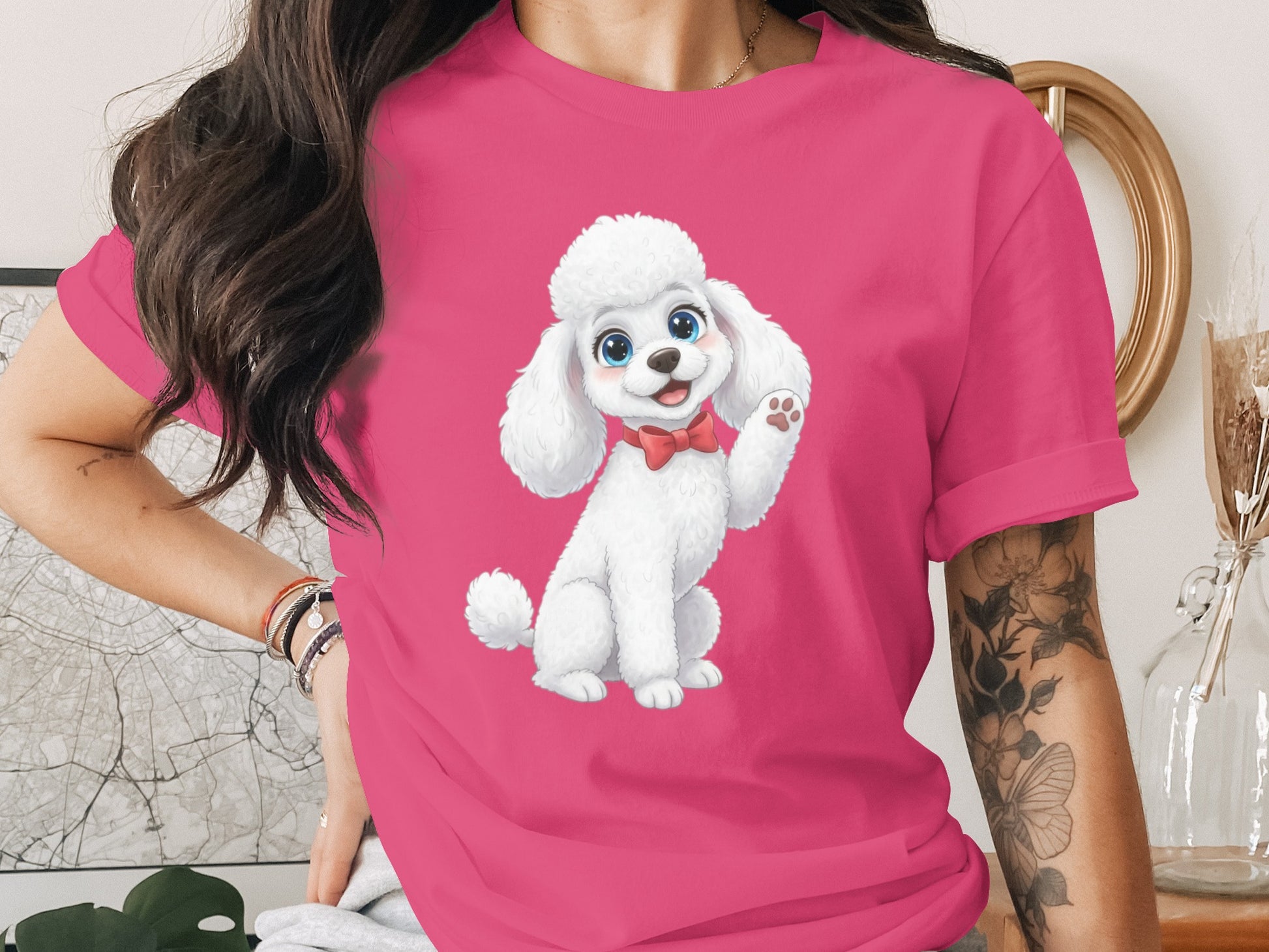 Cute Cartoon Poodle with Bow on Pink T-Shirt Product