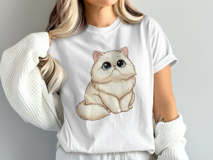 Cute Cat T-Shirt, Adorable White Fluffy Kitten Graphic Tee, Casual Fashion Top for Cat Lovers