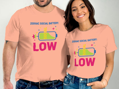 ZODIAC SOCIAL BATTERY LOW Funny Graphic Tee Shirt
