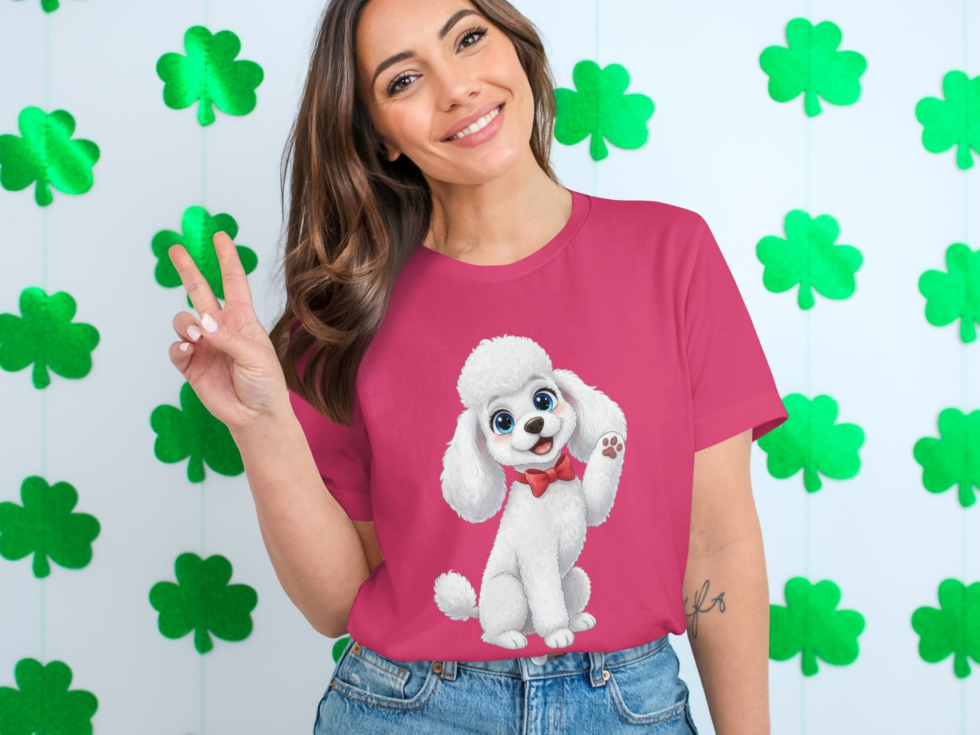 Adorable Poodle Graphic Tee with Green Clover Design