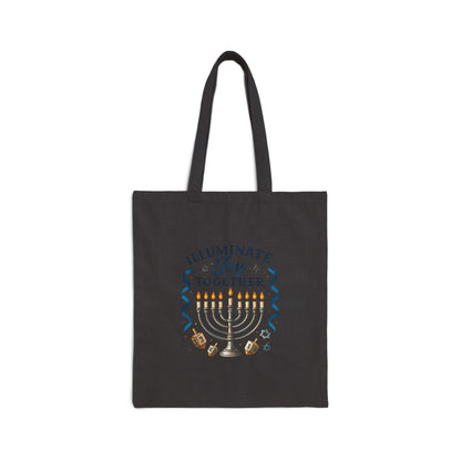 Hanukkah Tote Bag — "Illuminate Joy Together" Menorah Cotton Canvas Tote