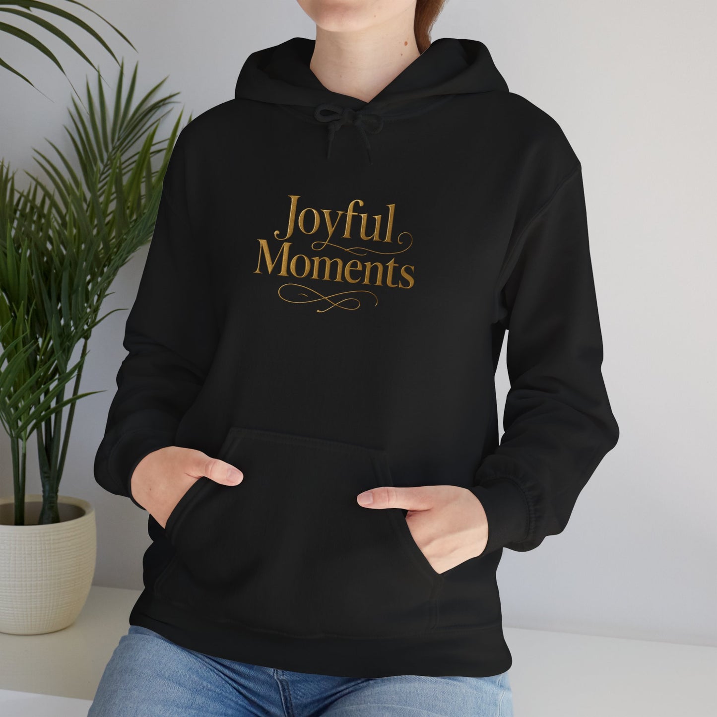 Joyful Moments Hoodie — Minimalist Gold Script Hooded Sweatshirt