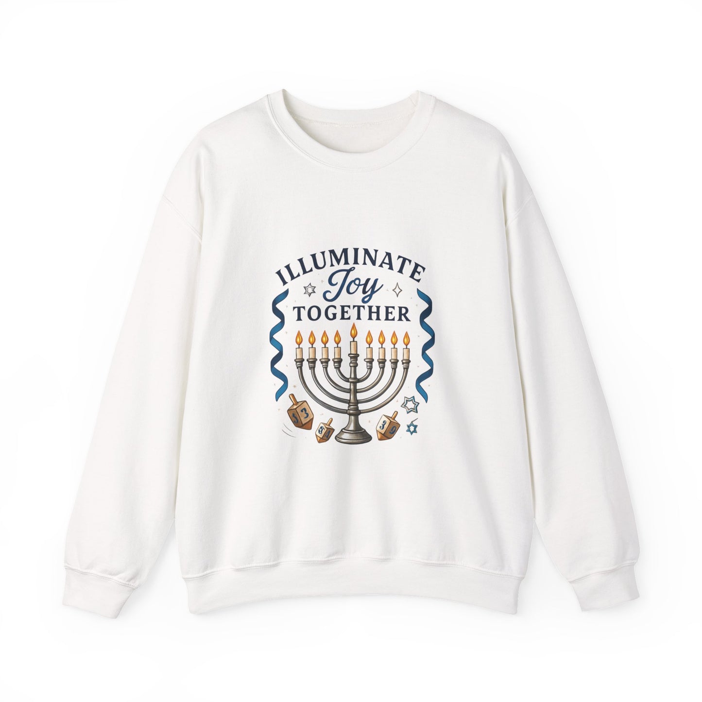 Hanukkah Sweatshirt - "Illuminate Joy Together" Menorah & Dreidel Holiday Crewneck