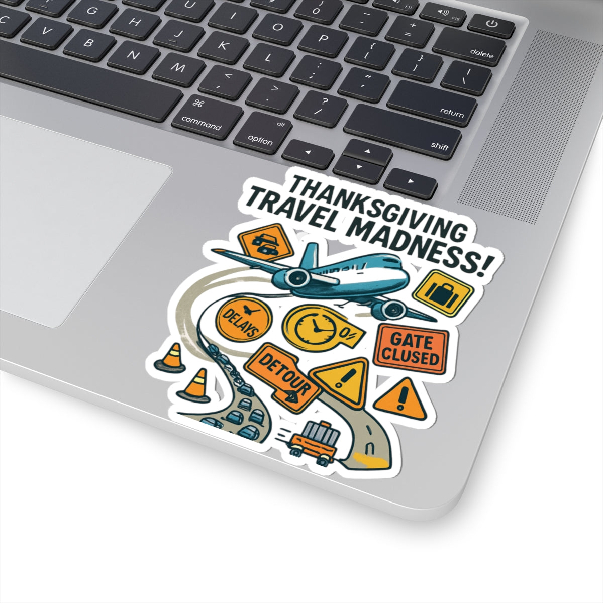 Thanksgiving Travel Madness Sticker — Funny Holiday Travel Plane & Road Delay Kiss-Cut Sticker