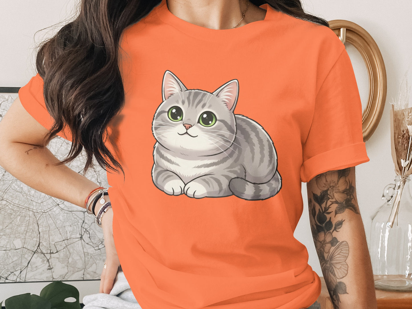 Cuddly Gray Cartoon Cat on Red T-Shirt
