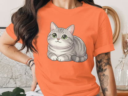 Cuddly Gray Cartoon Cat on Red T-Shirt
