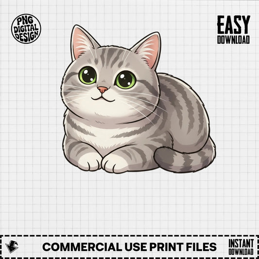 Cute Gray Tabby Cat Digital Art PNG, Instant Download, Commercial Use, Pet Illustration for Crafts and Printing