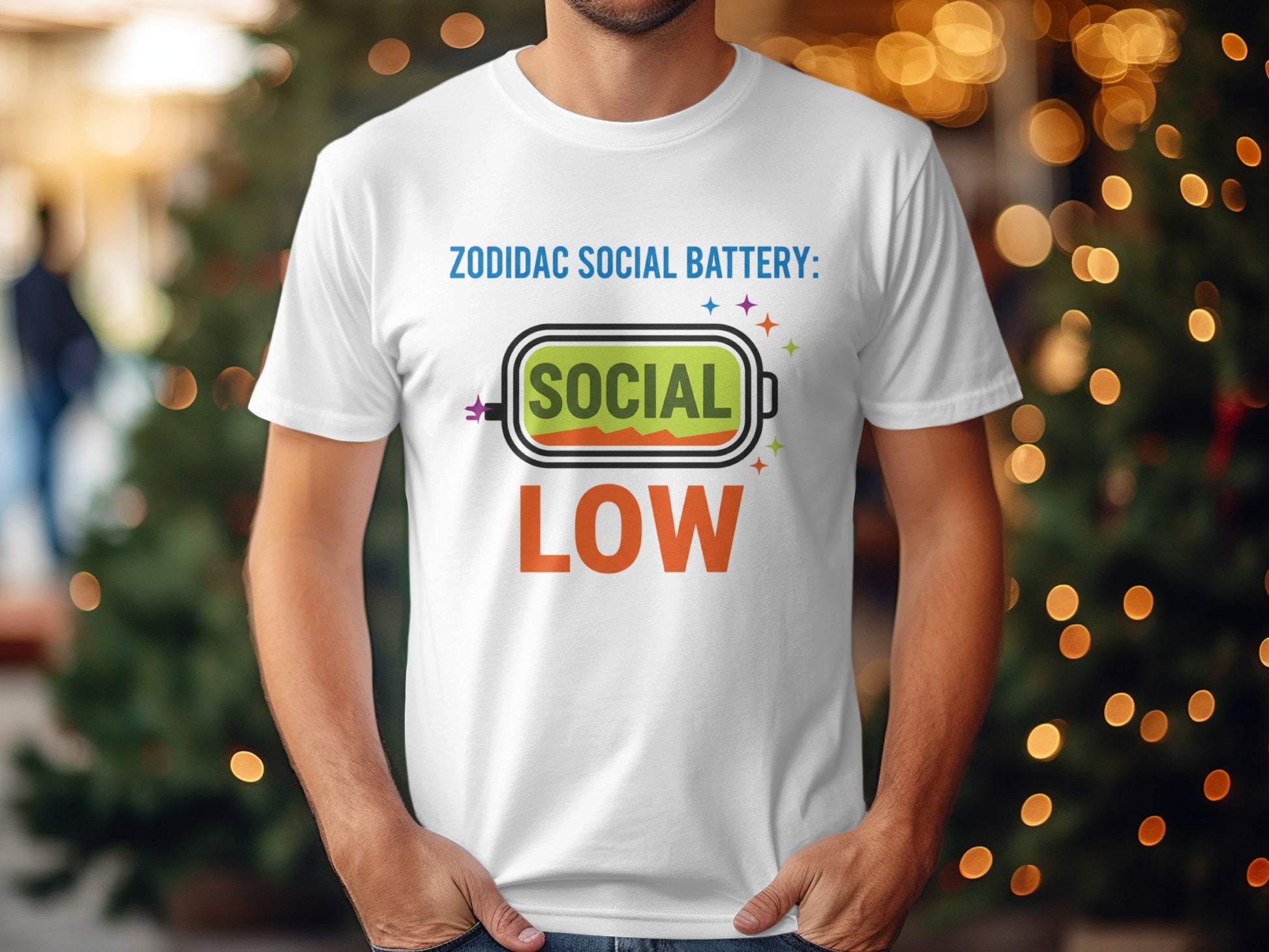 Zodiadc Social Battery Shirt with Vibrant Festive Design