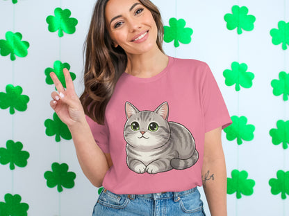 Cute Cartoon Cat Illustration on Pink T-shirt