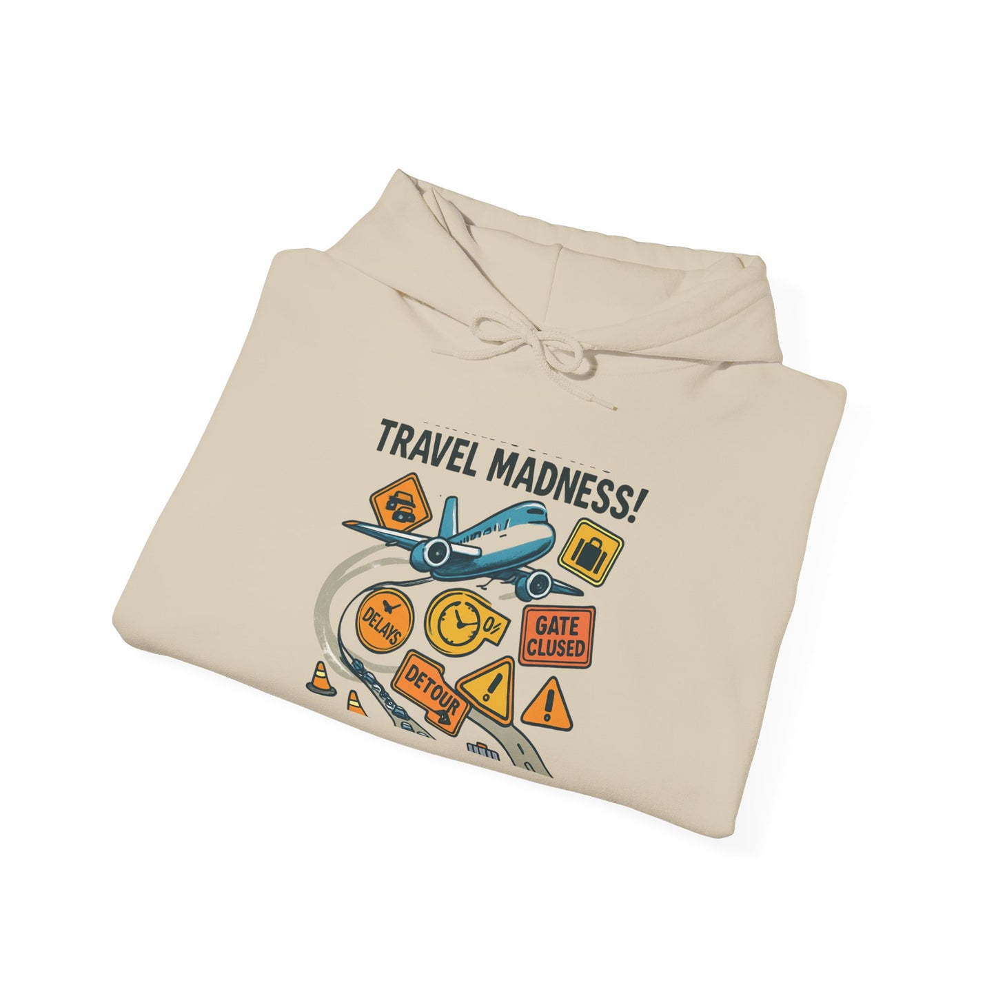 Travel Madness Hoodie — Graphic Travel Icons & Passport Stamps Sweatshirt