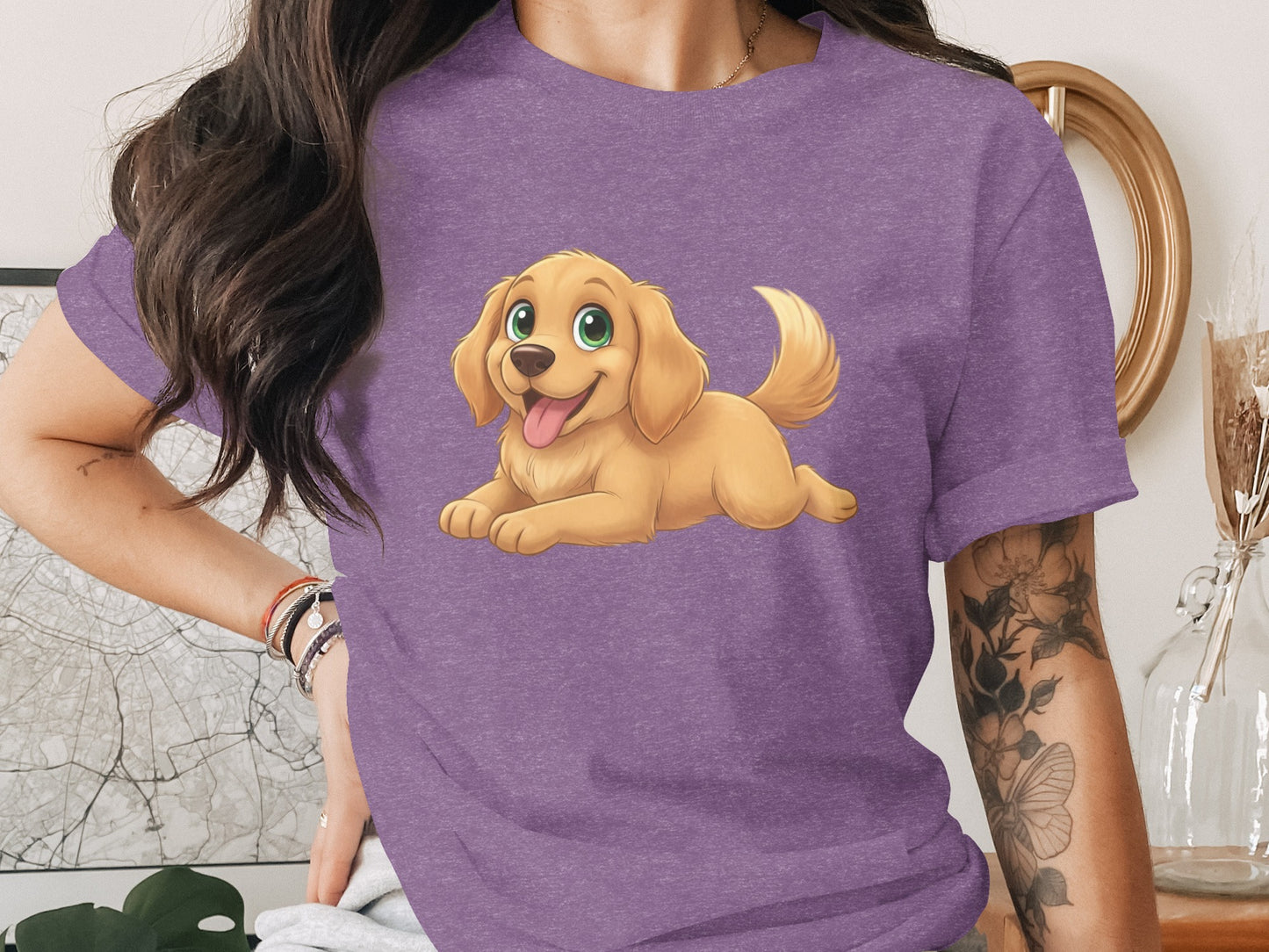 Purple T-shirt with Cute Cartoon Golden Puppy Design