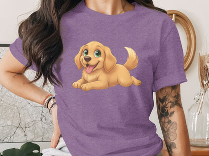 Purple T-shirt with Cute Cartoon Golden Puppy Design
