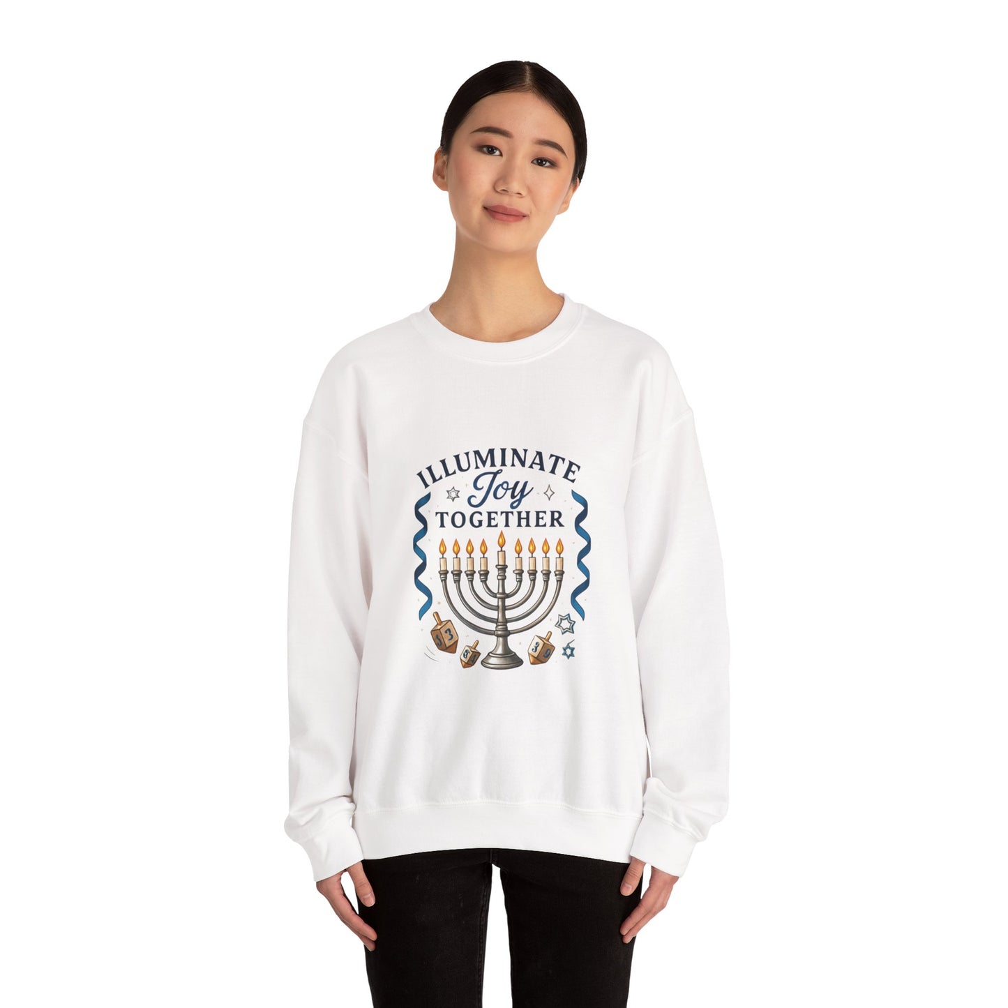 Hanukkah Sweatshirt - "Illuminate Joy Together" Menorah & Dreidel Holiday Crewneck