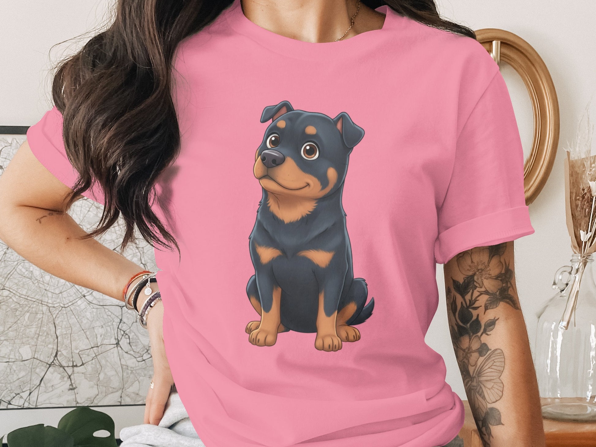 Cute Cartoon Rottweiler Printed Pink Shirt