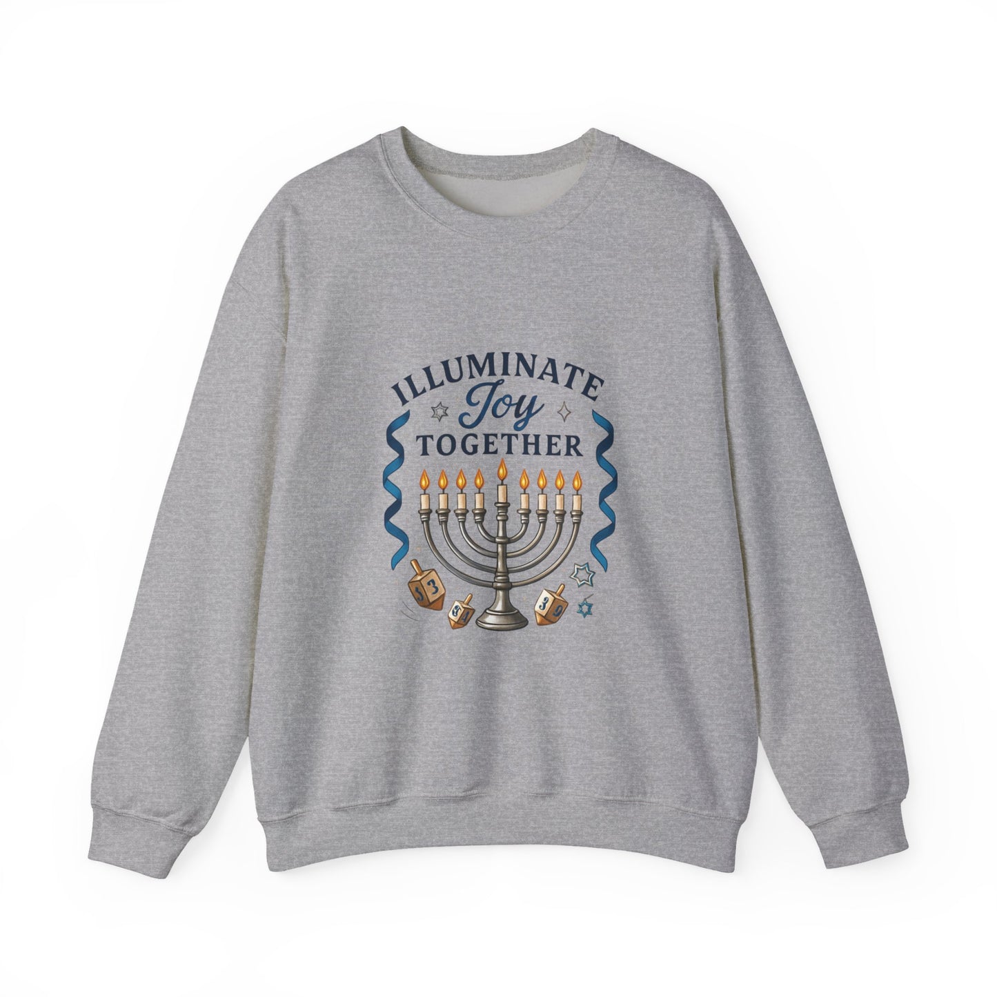 Hanukkah Sweatshirt - "Illuminate Joy Together" Menorah & Dreidel Holiday Crewneck