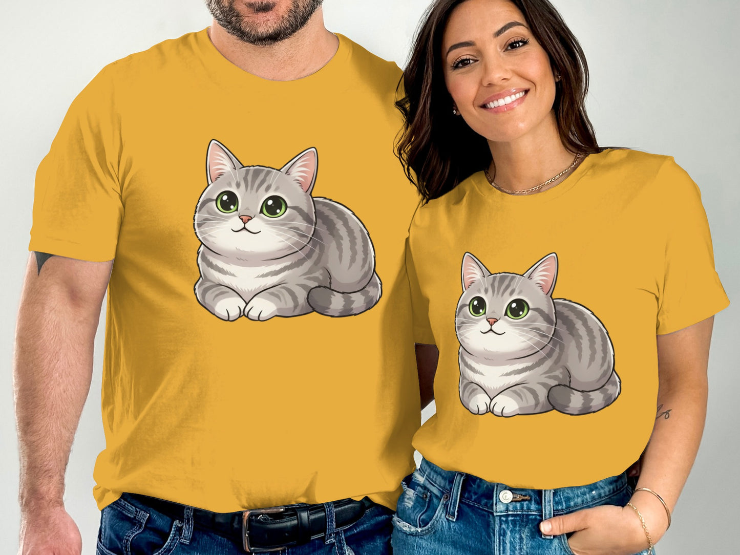 Adorable Gray Cat Print Matching T-Shirt For Couples