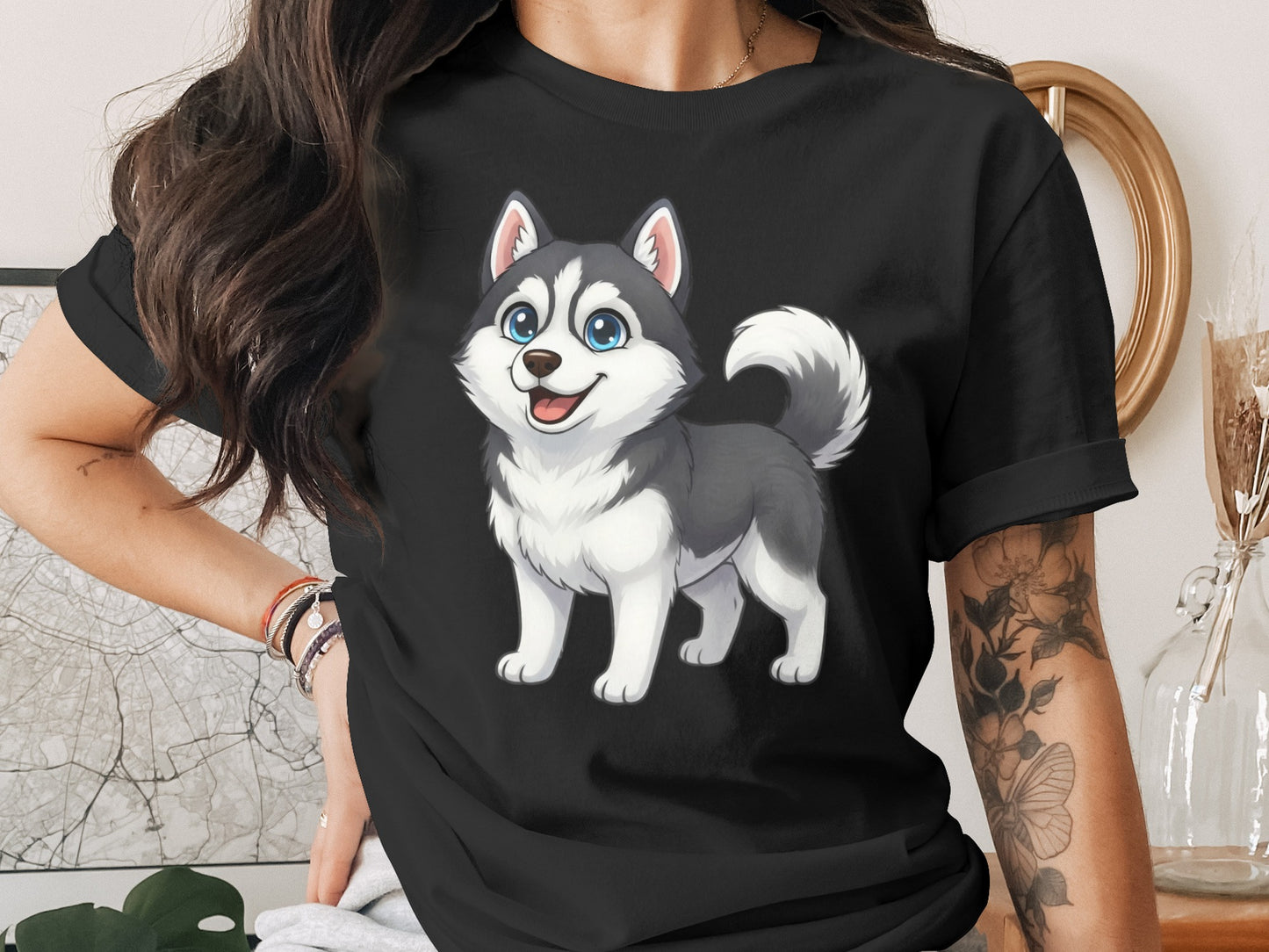 Cute Cartoon Husky Graphic Print T-Shirt