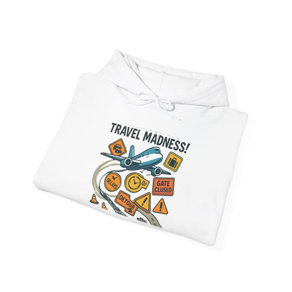 Travel Madness Hoodie — Graphic Travel Icons & Passport Stamps Sweatshirt