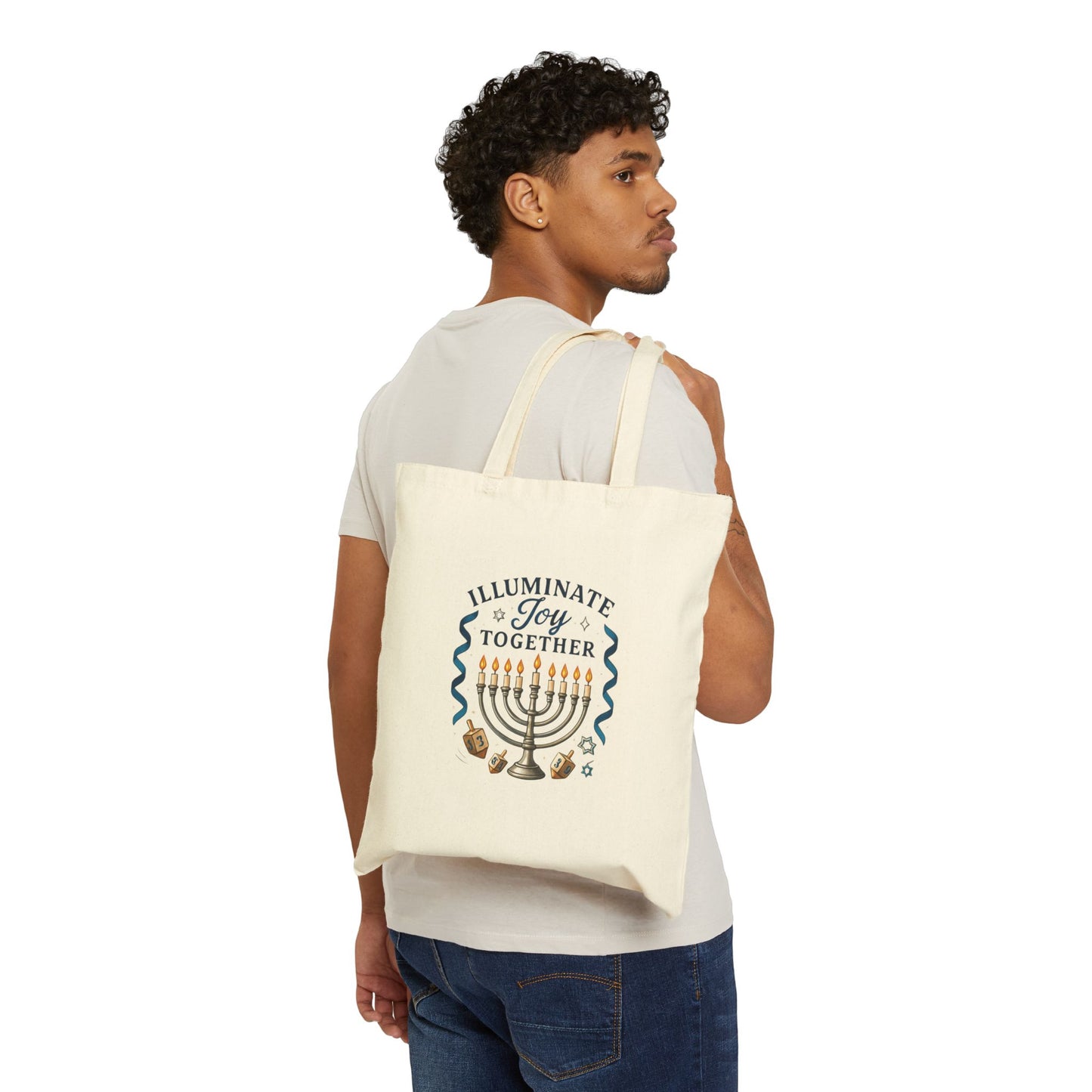 Hanukkah Tote Bag — "Illuminate Joy Together" Menorah Cotton Canvas Tote
