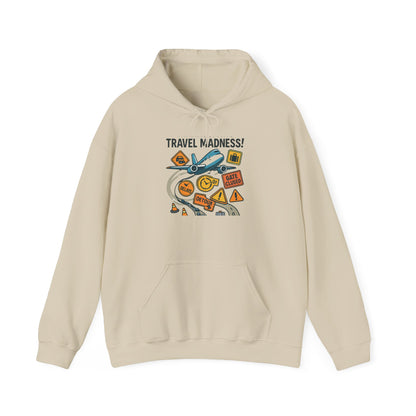 Travel Madness Hoodie — Graphic Travel Icons & Passport Stamps Sweatshirt