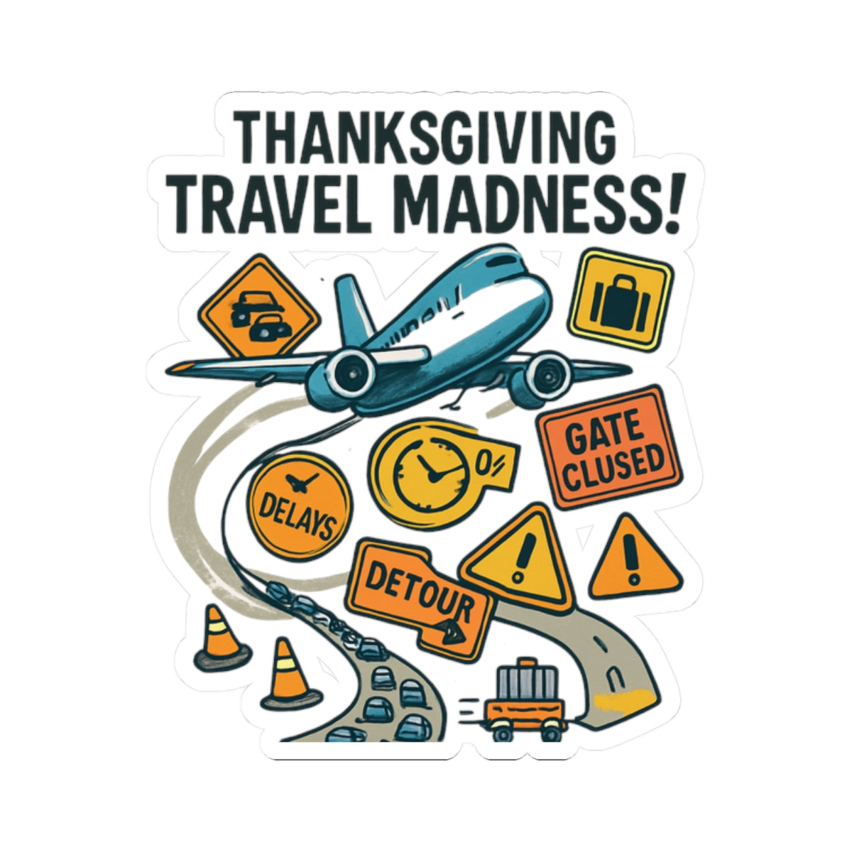 Thanksgiving Travel Madness Sticker — Funny Holiday Travel Plane & Road Delay Kiss-Cut Sticker