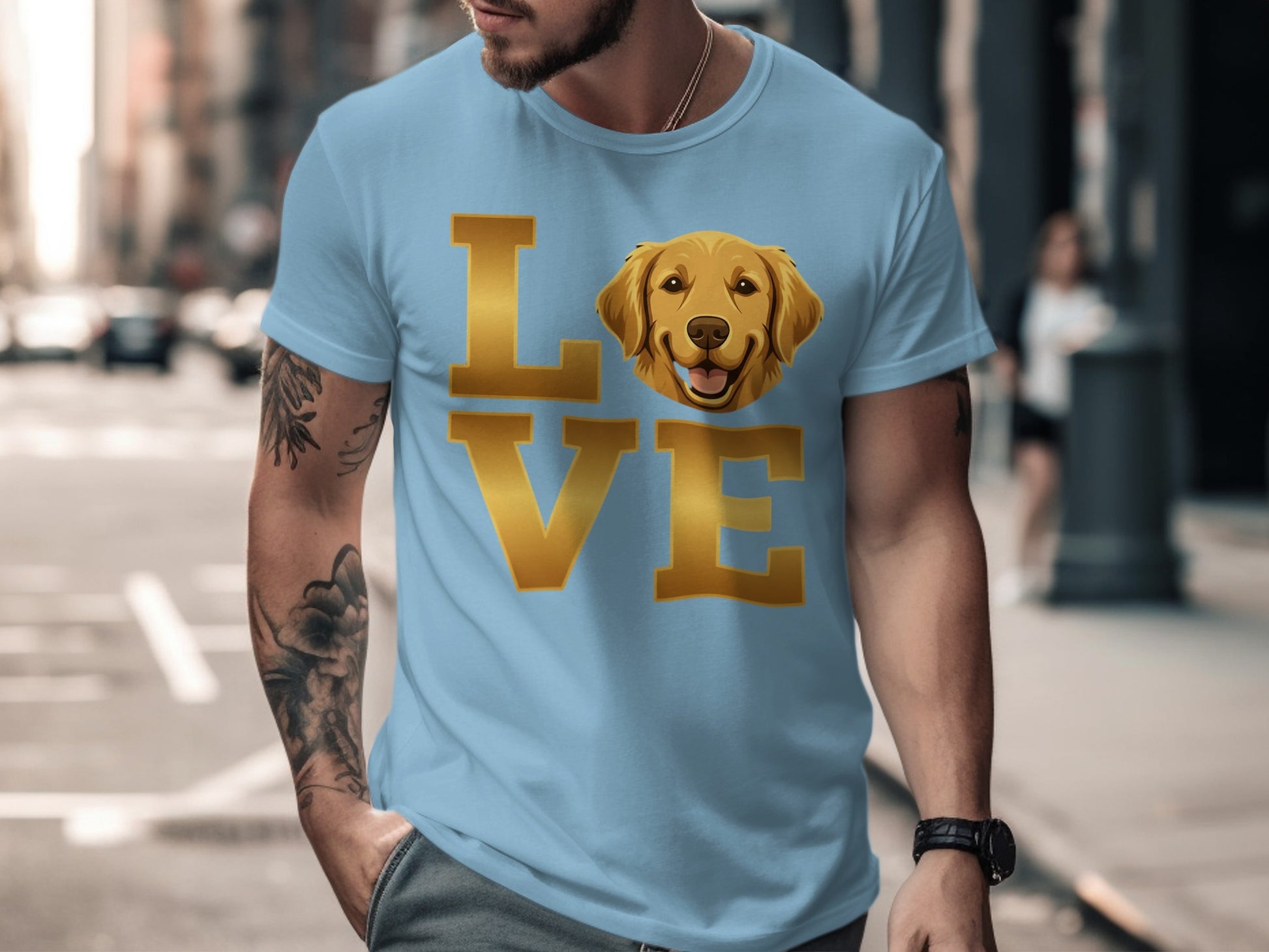 Love Golden Retriever Print on Blue T-Shirt product