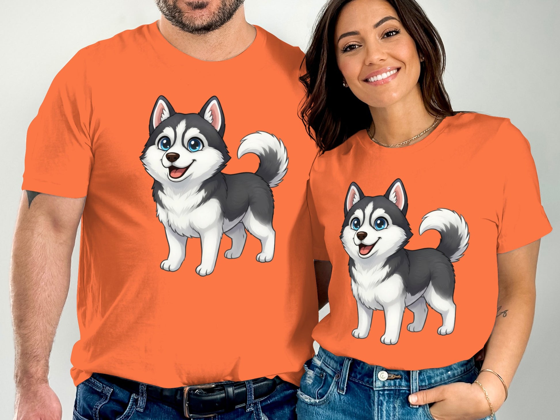 Cute Husky Cartoon Print Matching Orange Shirt