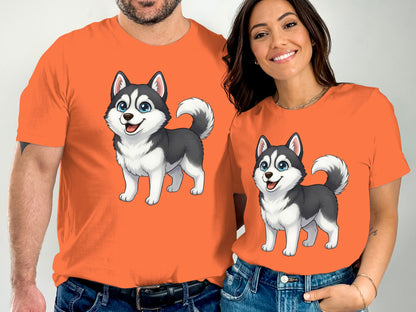 Cute Husky Cartoon Print Matching Orange Shirt
