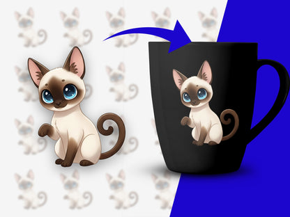 Cute Siamese Cat Mug, Large Blue Coffee Cup, Cat Lover Gift, Kawaii Cat Illustration, Unique Drinkware, Cartoon Animal Mug