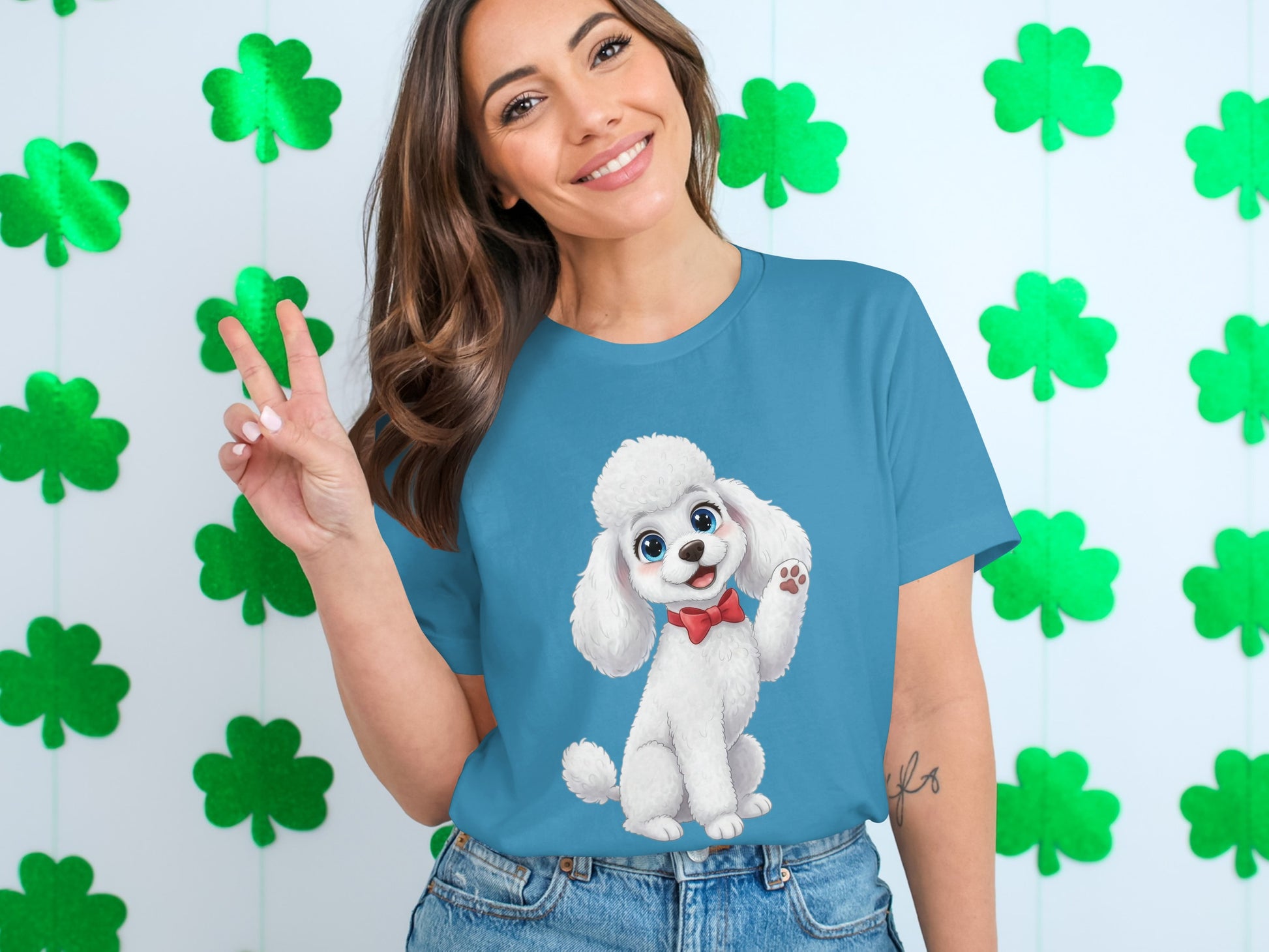 Cute Dog with Red Bow Blue T-shirt