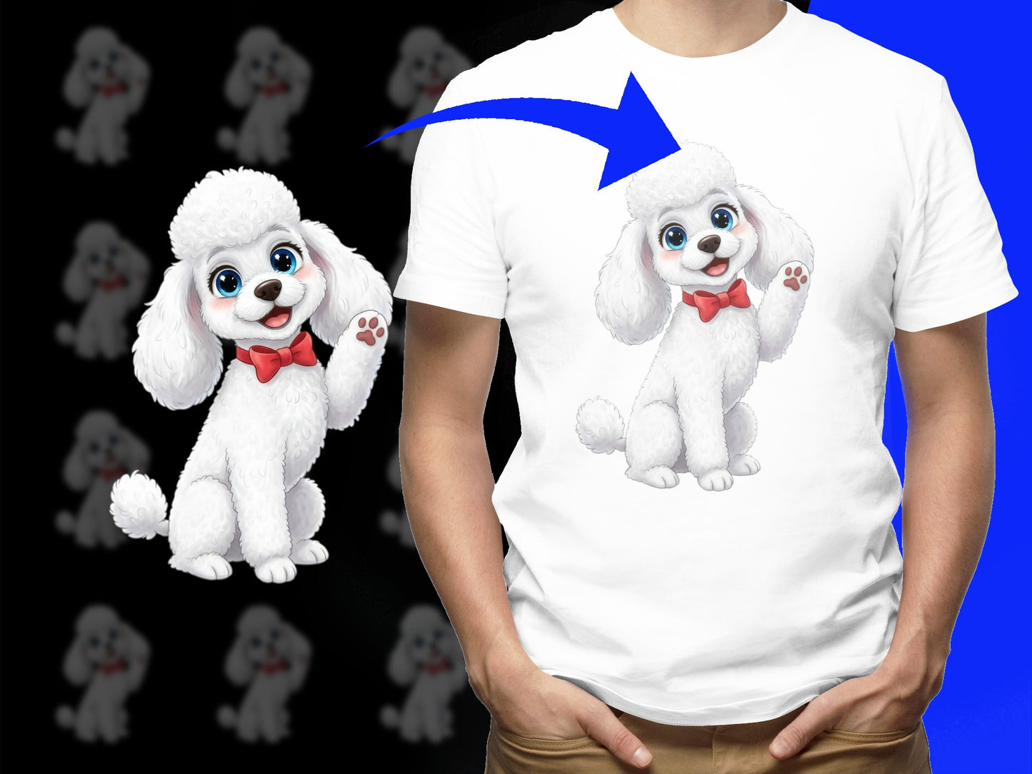 Cute White Poodle T-Shirt, Cartoon Dog Graphic Tee, Soft Cotton Unisex Shirt with Red Bow Tie Design