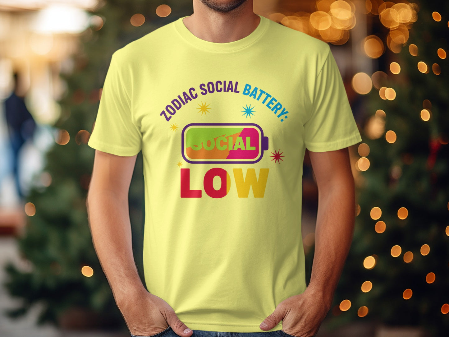 Zodiac Social Battery Low Colorful Graphic T-Shirt
