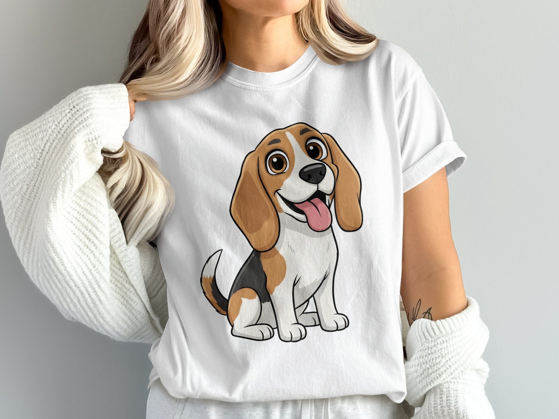 Cute Beagle T-Shirt, Happy Dog Graphic Tee, Women's White Cotton Shirt, Casual Pet Lover Apparel