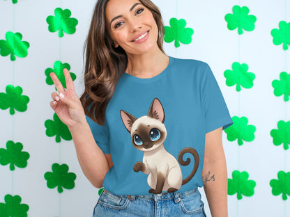 Cute Blue-Eyed Cartoon Kitten Printed T-Shirt