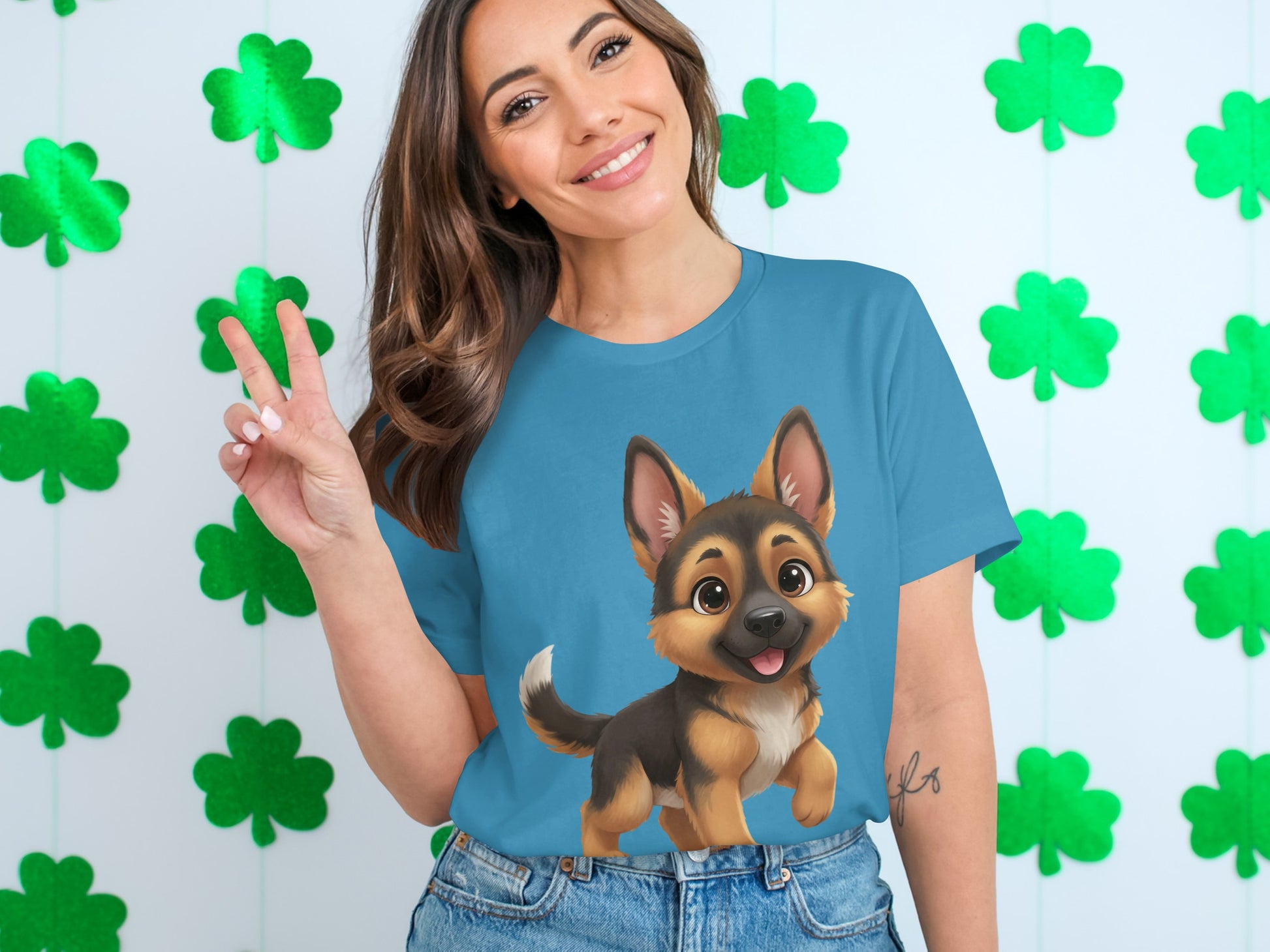 Cute Cartoon German Shepherd Dog Peace Sign T-shirt
