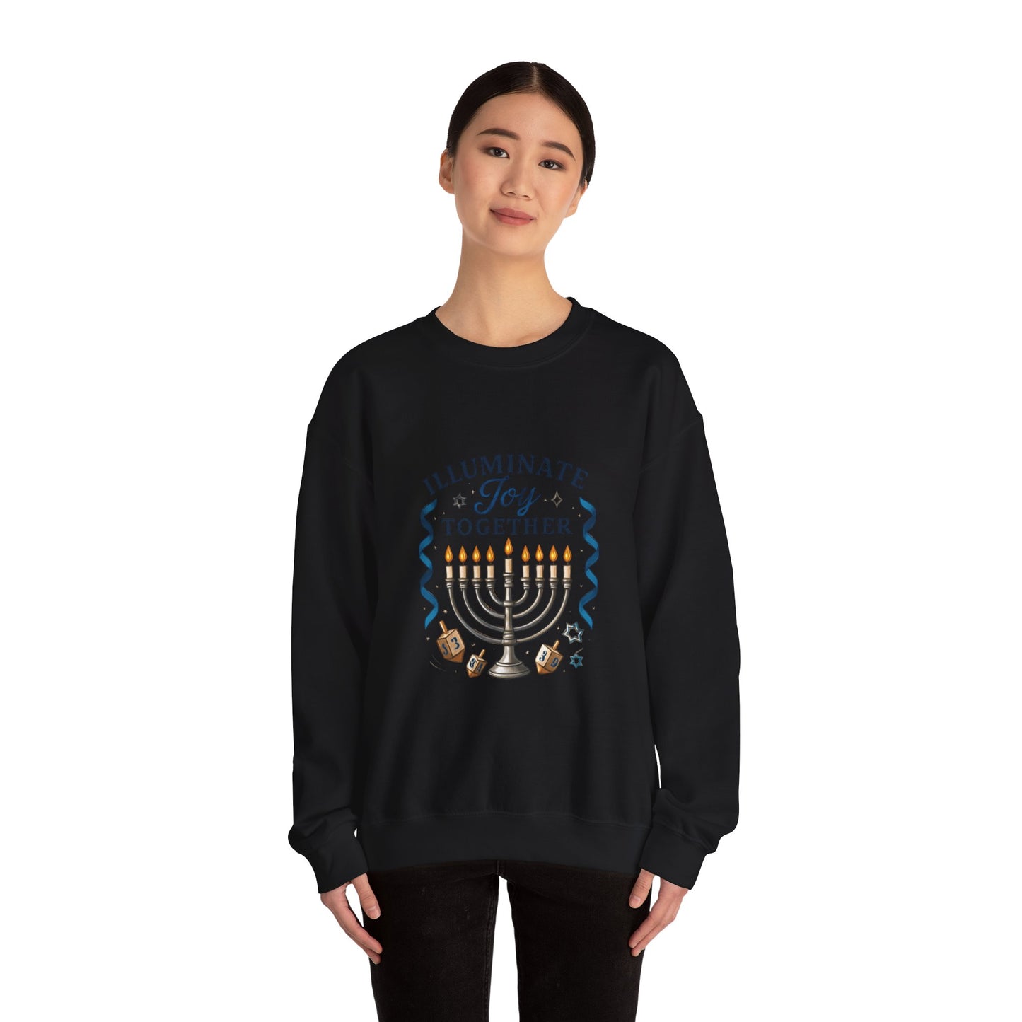Hanukkah Sweatshirt - "Illuminate Joy Together" Menorah & Dreidel Holiday Crewneck