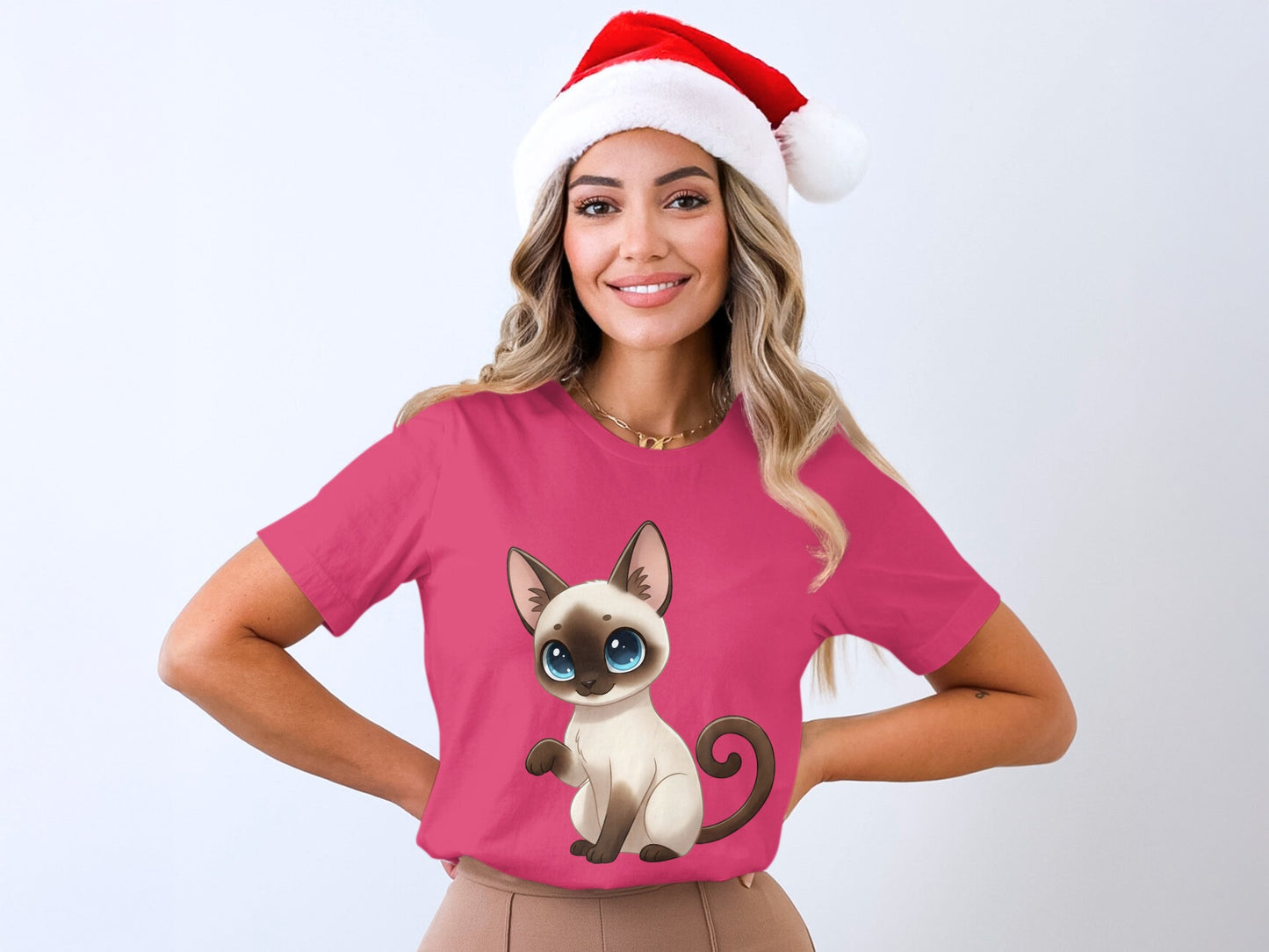 Cute Siamese Cat Graphic T-shirt with Santa Hat Design