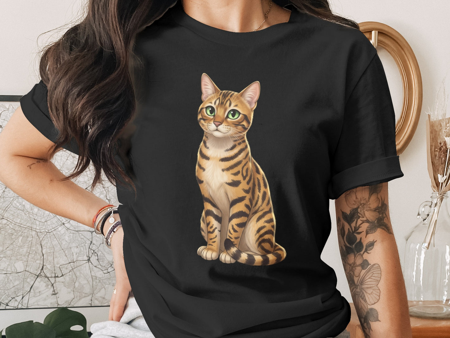 Adorable Cat Illustration Graphic on Black T-shirt