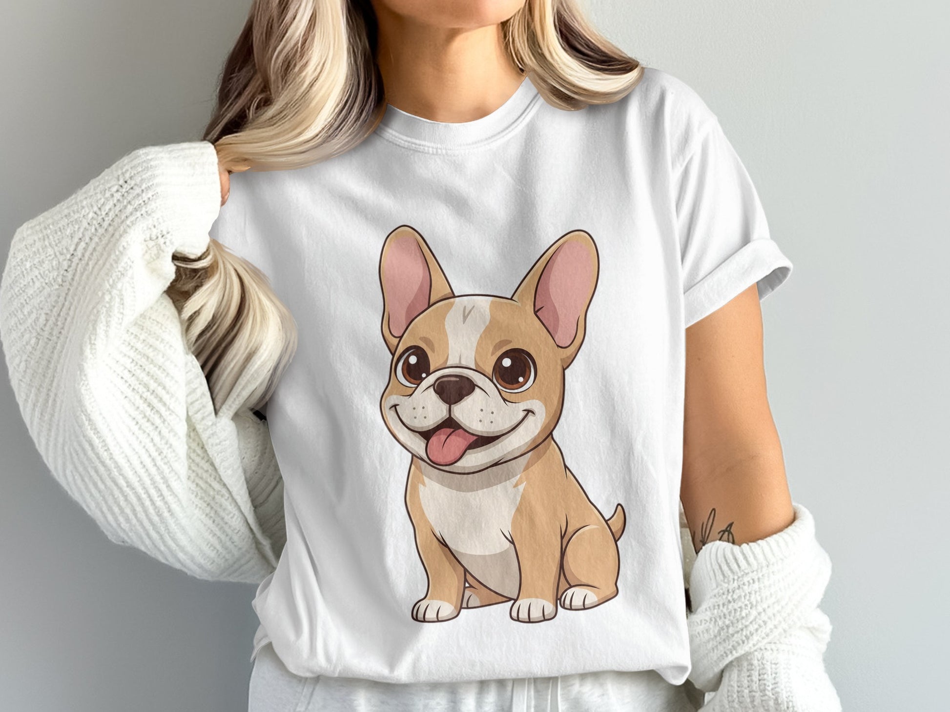 Cute French Bulldog T-Shirt, Women's White Graphic Tee, Dog Lover Gift, Casual Fashion Top