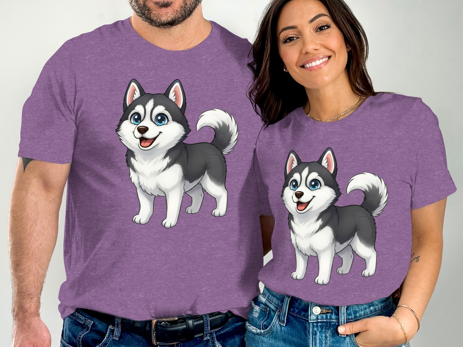 Adorable Husky Cartoon Graphic Purple T-shirt duo