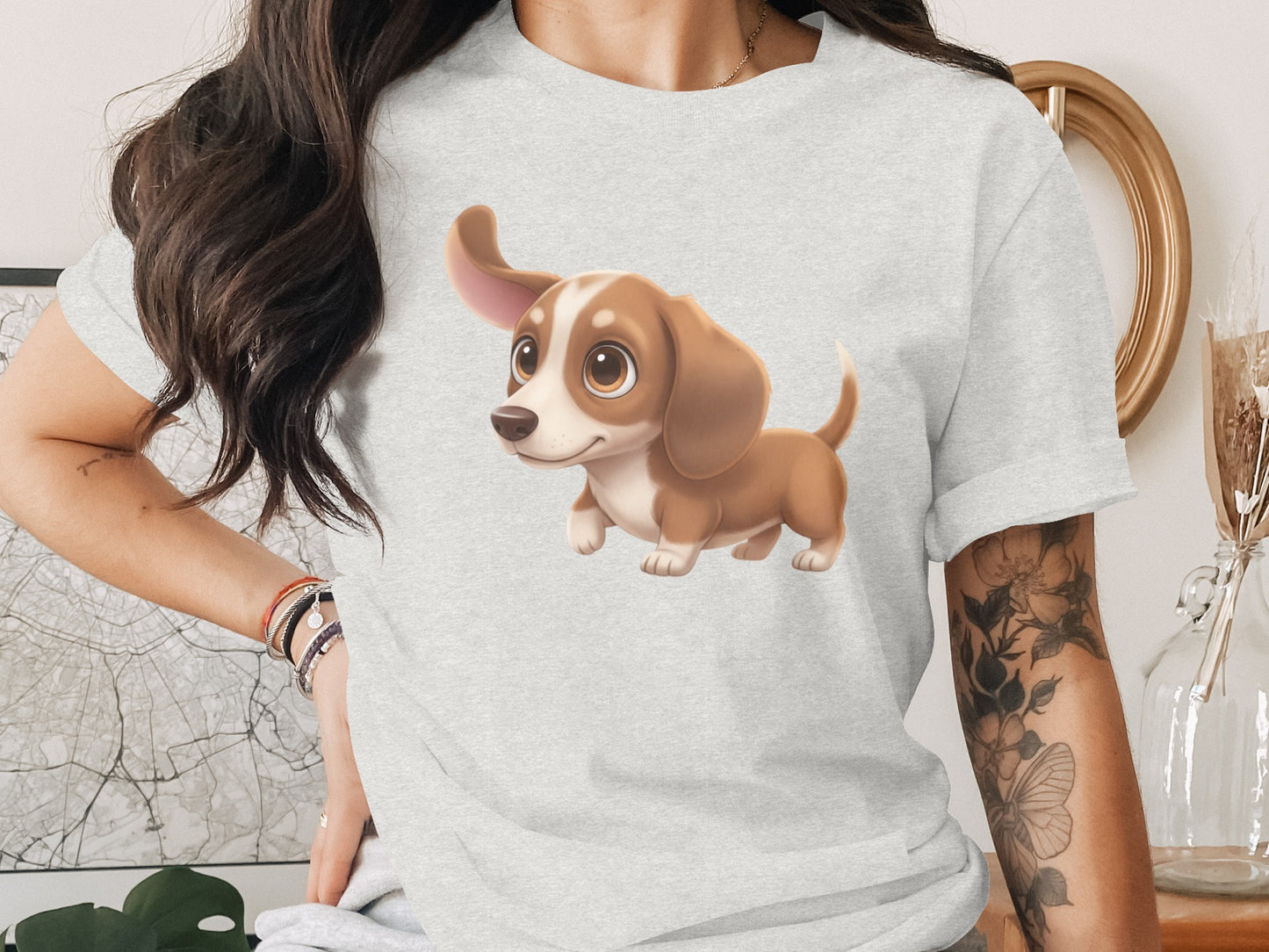 Cute Brown Cartoon Dachshund Print Short-Sleeve Shirt