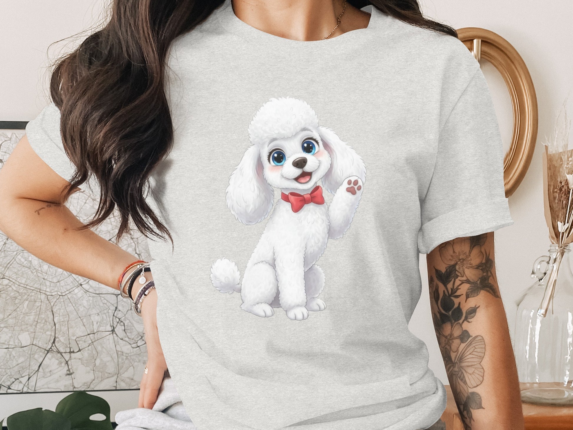 Cute Cartoon Poodle with Red Bow Tie T-Shirt