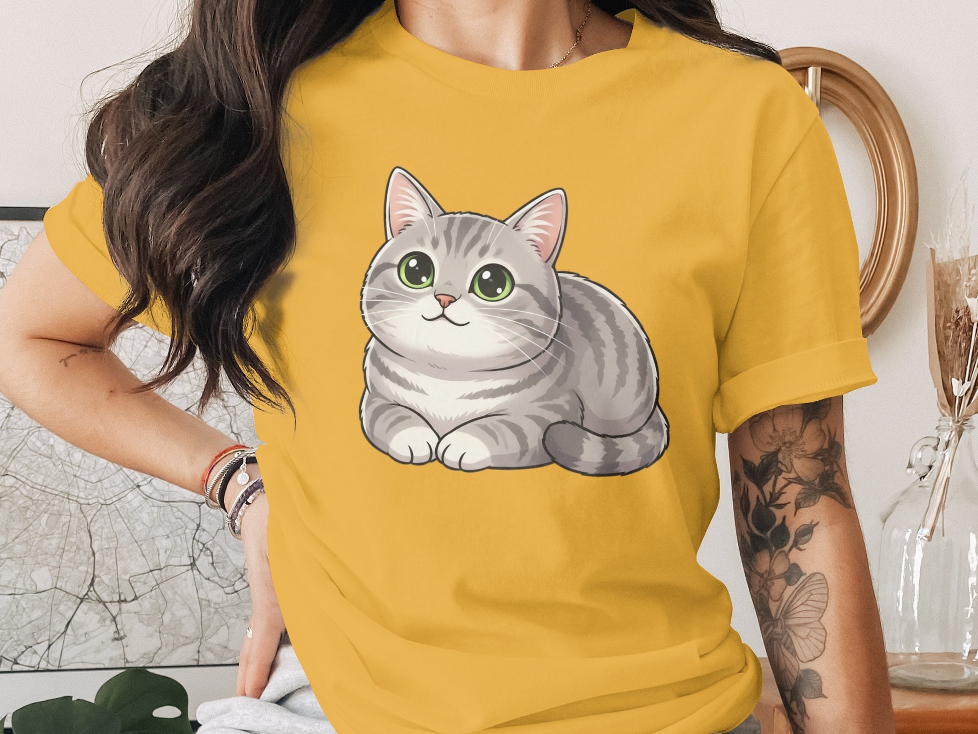 Cute Gray Cat Illustration on Yellow T-Shirt