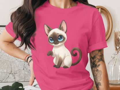 Cute Kawaii Siamese Cat Graphic Pink T-Shirt